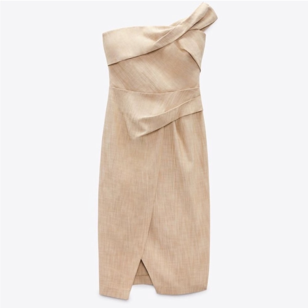 NWT Zara Asymmetrical Ruched Midi Dress, Size XS